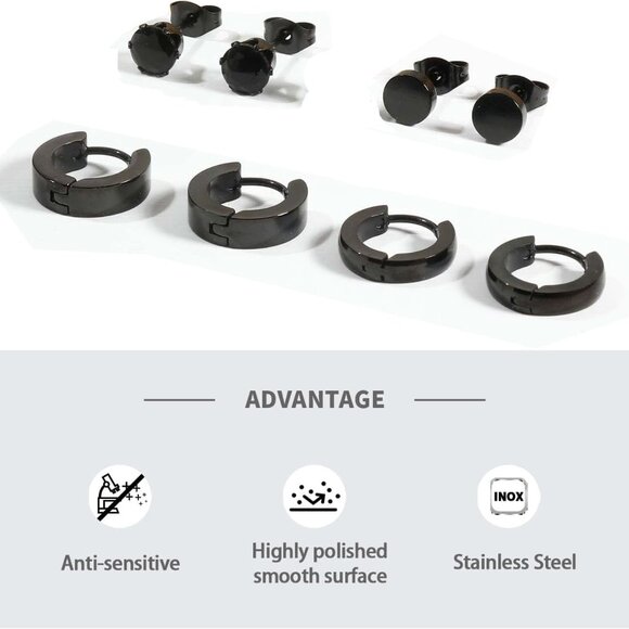 16-Pair Men Black Stainless Steel Earring Set with Dangle Hoops, Studs & Cross D - Picture 3 of 5